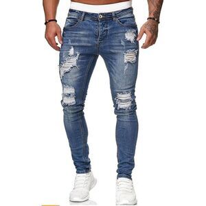 Hungson Distressed Destroyed Ripped Blue Denim Skinny Jeans